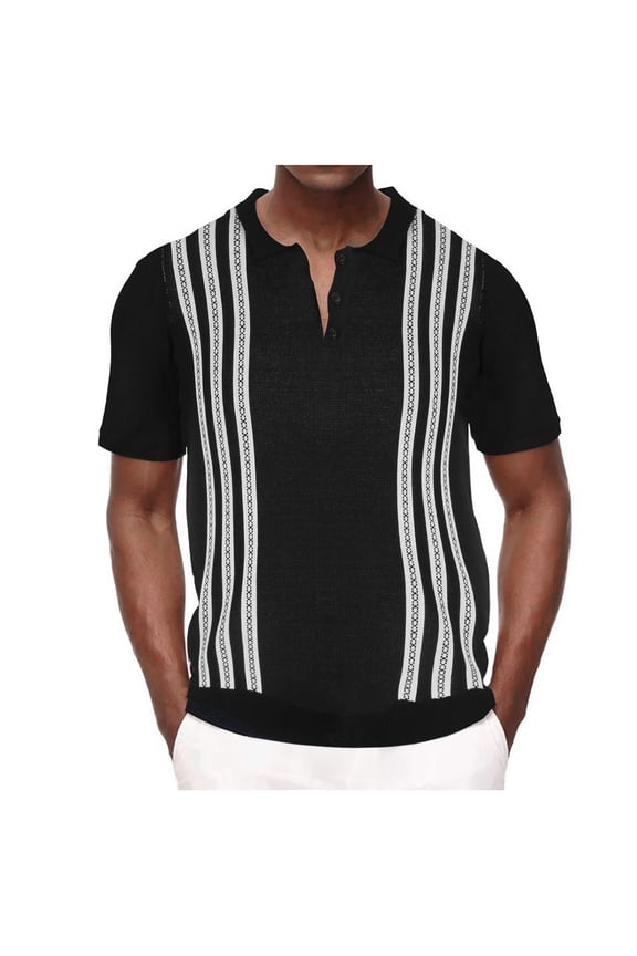 Men's Black Knit Colorblock Polo Shirts Street Outdoor Casual Stripe Short Sleeve Beach Vacation Golf Shirts, 3X-Large, Black