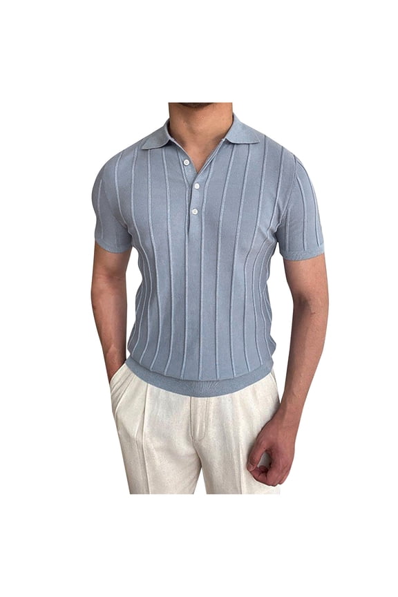 Men's Cable Knit Golf Shirts Fashion Street Slim Fit Short Sleeve Hawaii Polo Shirts, Medium, Blue
