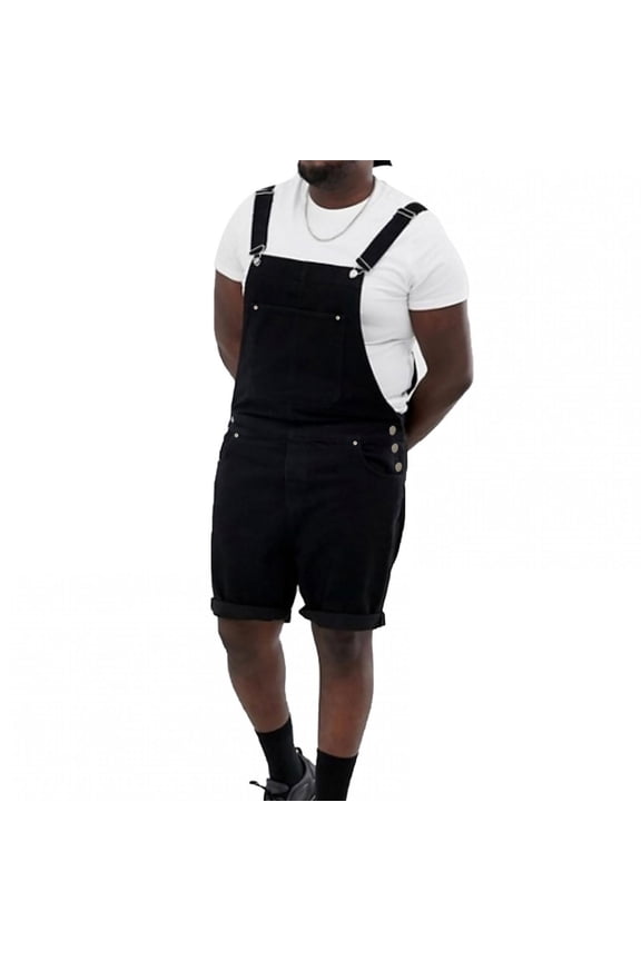 Men's Denim Overalls Shorts Loose Dungaree Black Jumpsuits Overall for Men Summer Casual Jeans Romper Bib Overalls, Medium, Black
