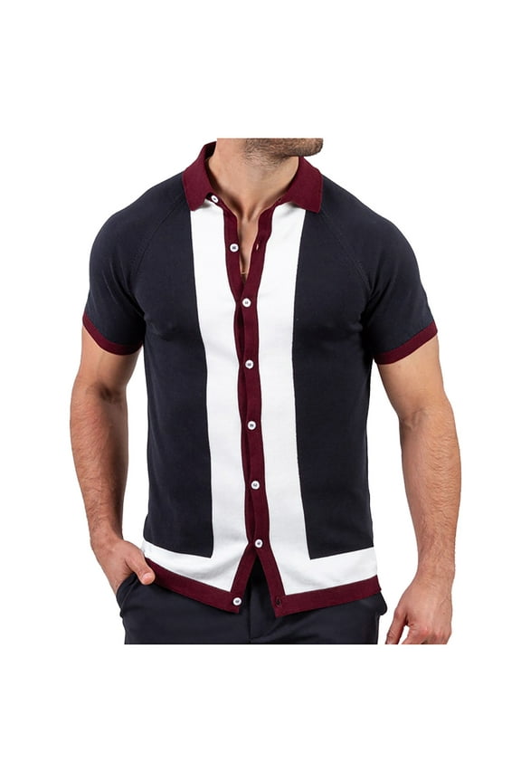 Men's Fashion Street Polo Shirts Knit Colorblock Slim Fit Short Sleeve Casual Vacation Golf Shirts Button Tops, X-Large, Navy