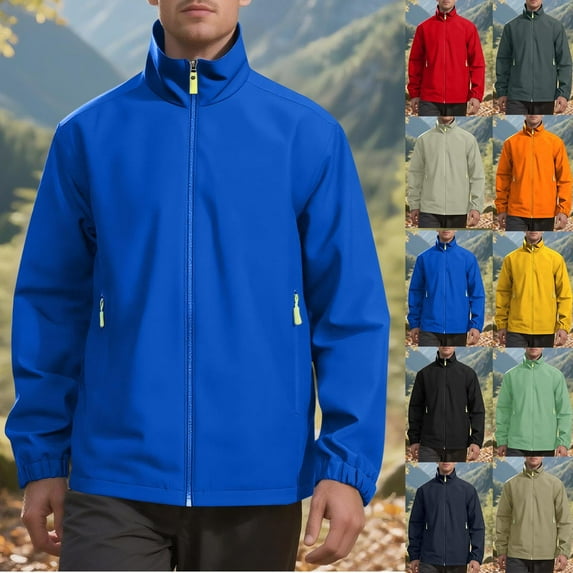 Juebong Men's Hooded Rain Jacket Long Sleeve Zipper Solid Color Coat Outdoor Hiking Travel Windproof Overcoat with Pockets Orange,XXL