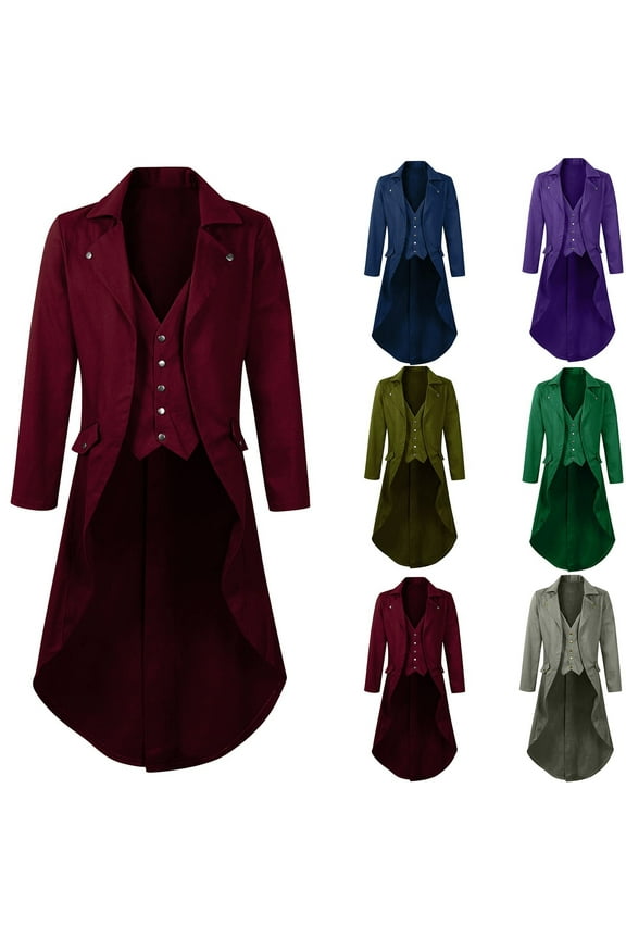 Men's Steampunk Jacket Tailcoat Casual Women's Costumes Victorian Coat Gothic Cosplay Vintage Frock Coat Uniform Wine,S