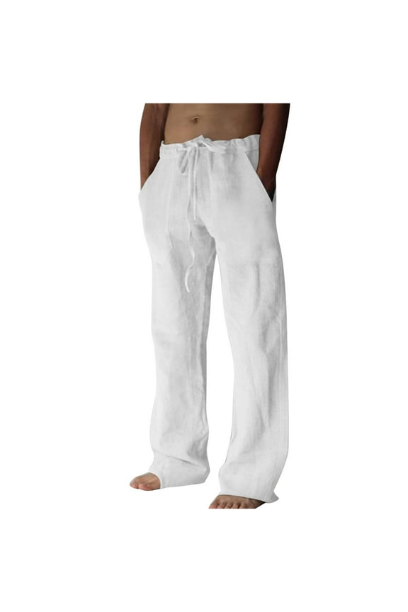 Mens Cotton Linen Trousers Elastic Waist Lightweight Relaxed Fit Big & Tall Quick Dry Ugly Drawstring Pants,White,M