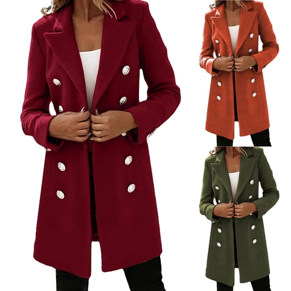 Juebong Mid-Long Pea Coats for Women Trench Coat Notched Lapel Single Breasted Casual Blazer Loose Fall Work Peacoat Jacket Windbreaker Army Green,L