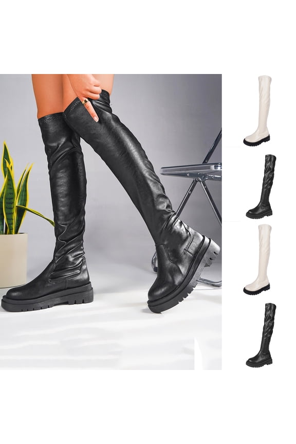Over The Knee Boots Women Lug Sole Goth Low Heel Boots Stretch Round Toe Long Boots Black,38