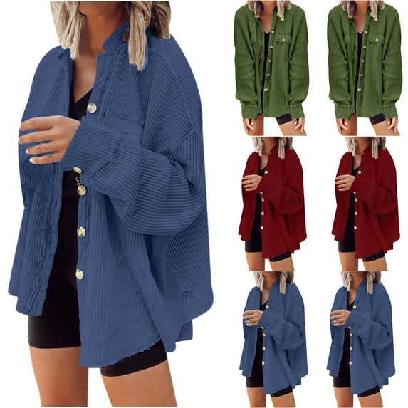 Juebong Oversized Shackets for Women 2025 Waffle Knit Tops Long Sleeve Button Down Shirt Fall Jackets Outfits Loose Casual Coat Army Green,M