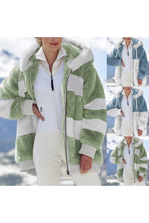 Oversized Winter Coats for Women Fuzzy Fleece Jacket Plus Size Color Block Contrast Warm Hooded Outerwear Faux Fur Coat Green,XXXL