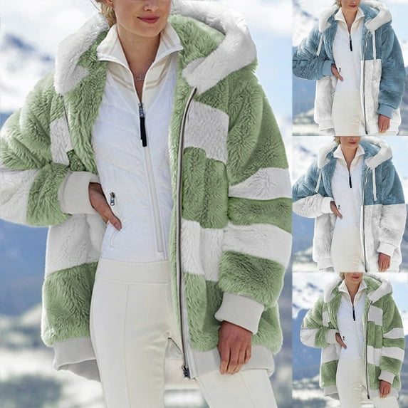 Juebong Oversized Winter Coats for Women Fuzzy Fleece Jacket Plus Size Color Block Contrast Warm Hooded Outerwear Faux Fur Coat Green,XXXXL
