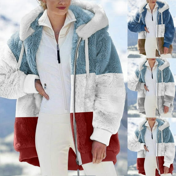 Juebong Oversized Winter Coats for Women Fuzzy Fleece Jacket Plus Size Color Block Contrast Warm Hooded Outerwear Faux Fur Coat Red,XXXXXL