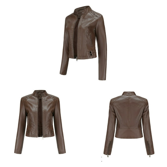 Juebong PU Leather Jacket for Women for Teen Girls Dressy Slim Leather Lapel Zip Motorcycle Suit Belt Coat Jacket Tops, Coffee, XL