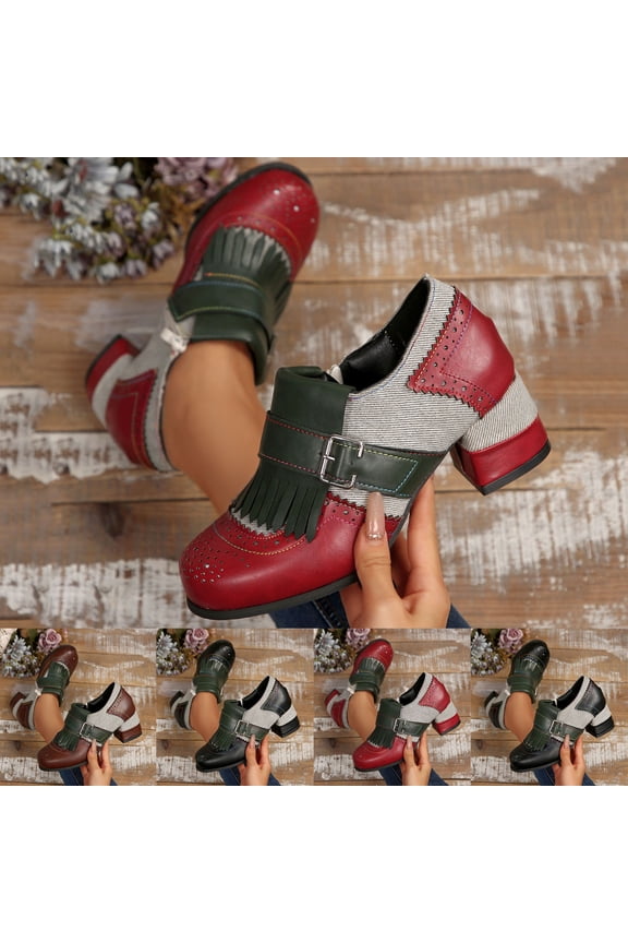 PU Leather Pumps,Women Color Block Vintage Block Heel Oxford Vintage Patchwork Shoes Fringe Loafers with Side Zipper Wine,40