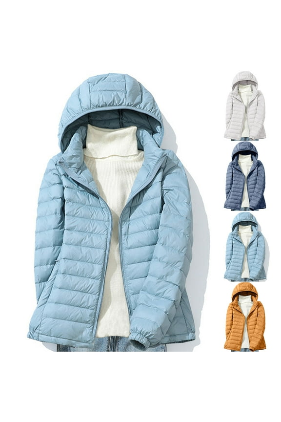 Packable Down Jacket for Women Lightweight Winter Quilted Puffer Jacket Zipper Warm Casual Jackets Winter Coats with Removable Hood Blue,XXXL