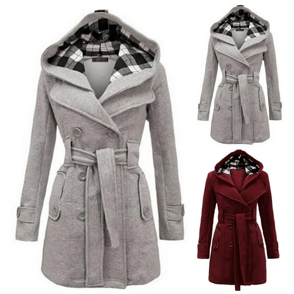 Juebong Pea Coats for Women Casual Jacket Hoodies Button Slim Fit Sweatshirt Notch Lapel Trench Coat Long Sleeve Fashion Hooded Overcoat with Belt Gray,S