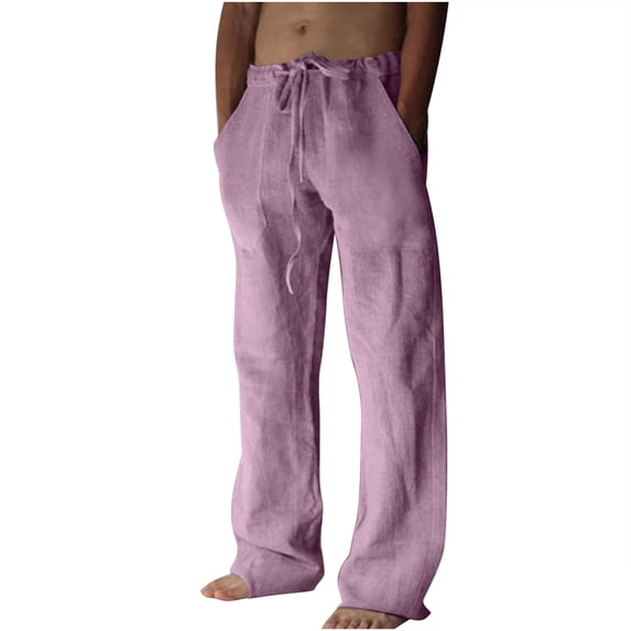Juebong Plus Size Men's Cotton Pockets Drawstring Work Pants Breathable Soft Beach Casual Trousers Outdoor Pant,Pink,S