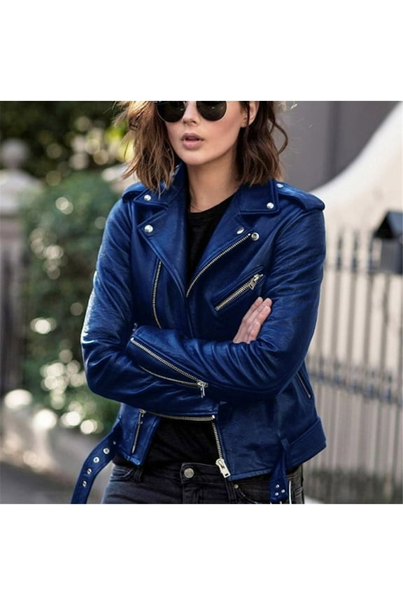 Plus Size PU Leather Basic Streetwear Dressy Women Cool Faux Leather Jacket Long Sleeve Zipper Fitted Coat Fall Short Jacket, Blue, XXXXL