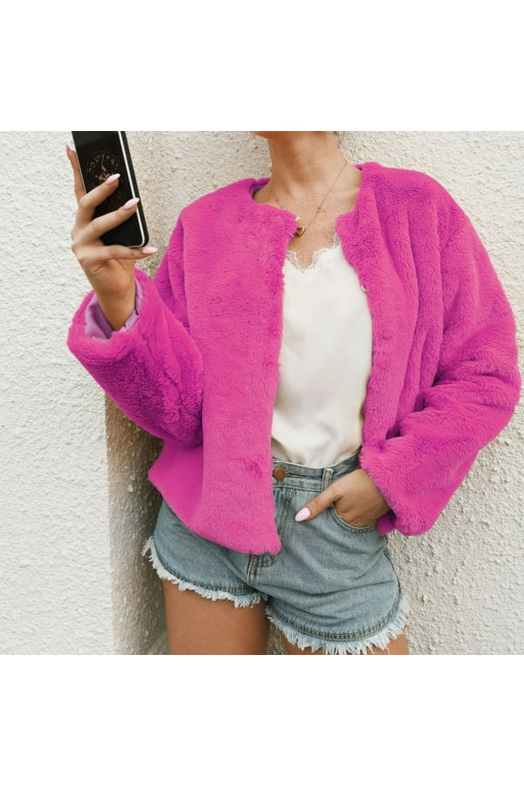 Plus Size PU Leather Basic Streetwear Dressy Womens Ladies Solid Warm Faux Coat Jacket Winter Turn Down Collar Short Outerwear, Hot Pink, M