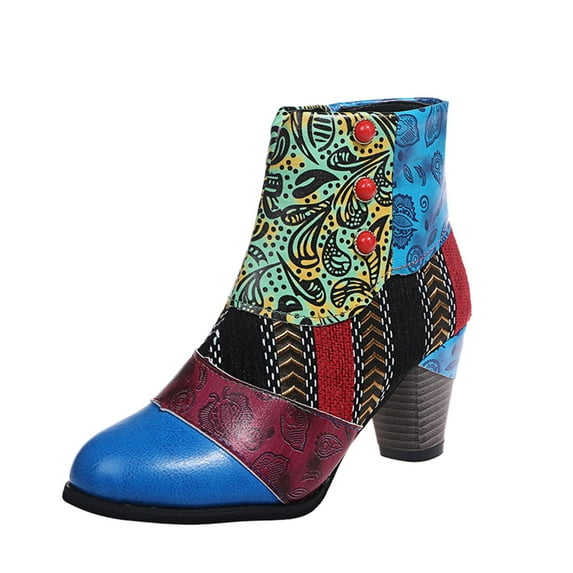 Juebong Retro Women Suqare Heels Zipper Flower Print Short Booties Round Toe Shoes,Blue Size 6-6.5
