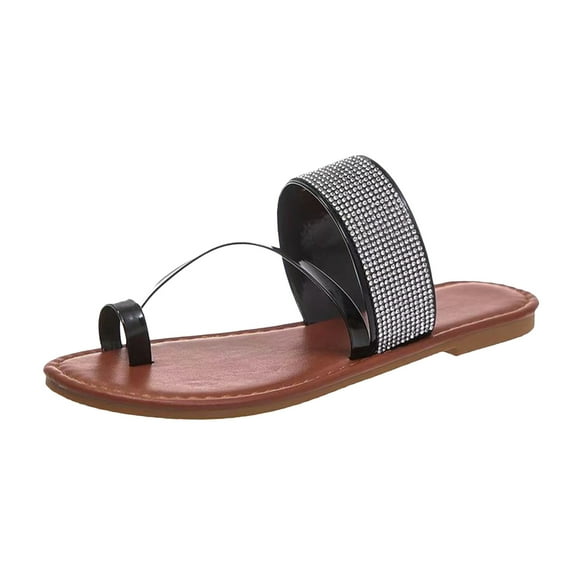 Juebong Rhinestone Slide Sandals for Women Flat,Cute Flat Toe Ring Thongs Sandals Clip Toe Flip Flops Boho Casual Flat Slippers Beach Shoes