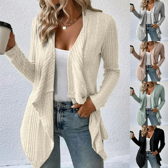 Juebong Ribbed Knit Cardigan Sweaters for Women Kimonos Fashion 2025 Fall Open Front Cardigans Long Sleeve Trendy Warm Winter Coats Sweater Gray,S