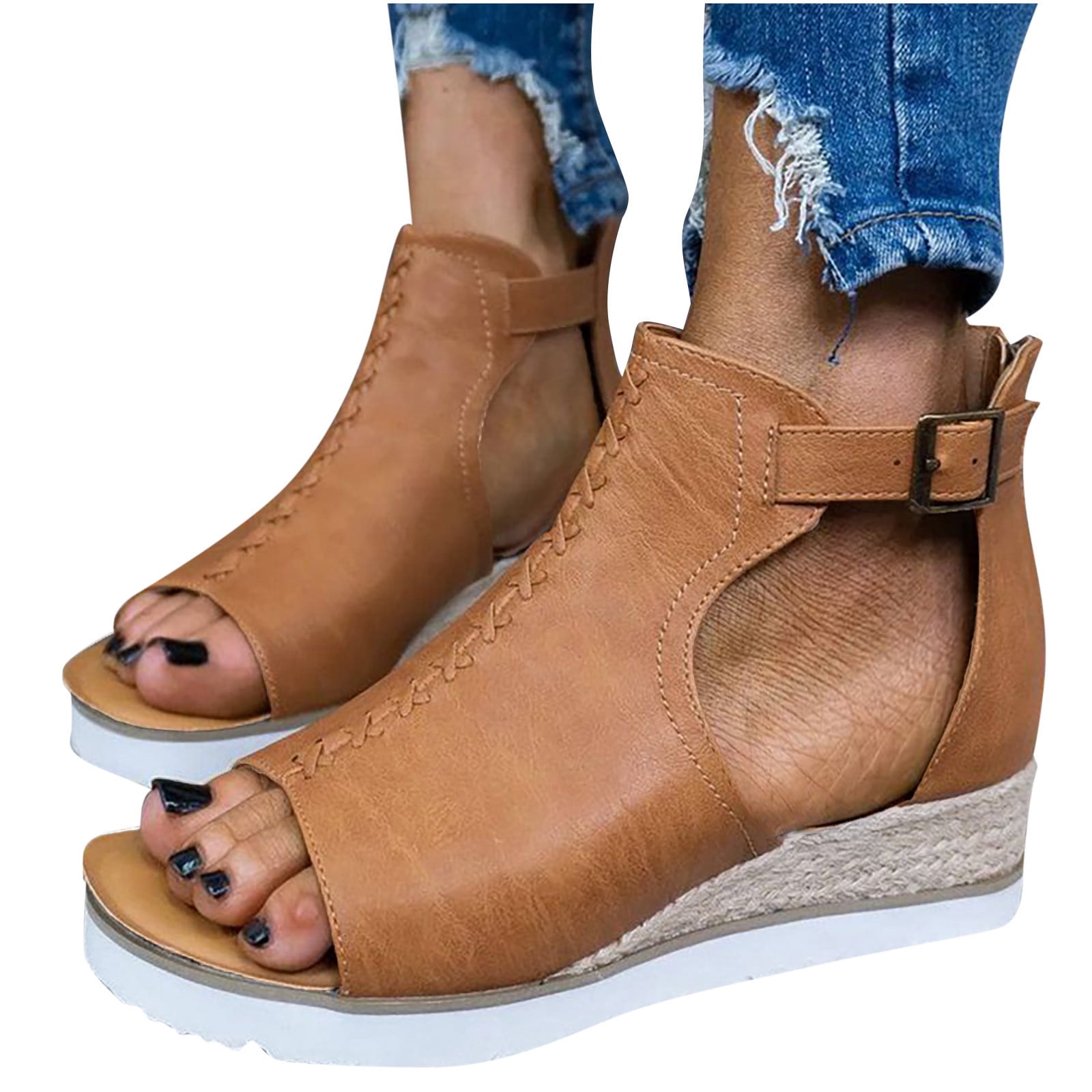 Juebong Sandals clearance Booties Sandals for Women Peep Toe Low Block Heel Flat Sandals Casual Fisherman Sandal with Open Toe Slingback Gladiator