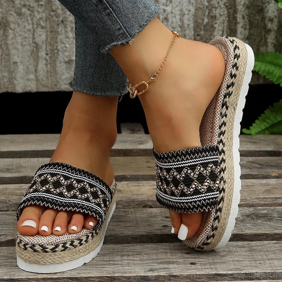 Boho Slide Sandals for Women Girls Dressy Low Wedge Sandal Casual Open Toe Flat Sandals Summer Beach Slip on Sandals Platform Sandals