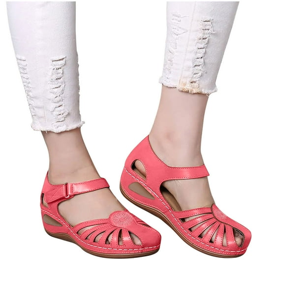 Juebong Sandals clearance Closed Toe Sandals for Women Casual Summer 2024 Hollow Out Vintage Beach Wedge Leather Sandal Gladiator Outdoor Orthopedic Shoe