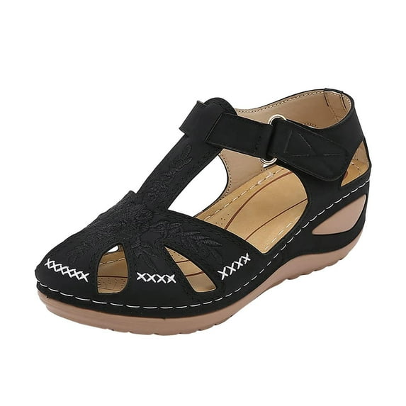 Juebong Sandals Closed Toe Sandals for Women Casual Summer 2024 Hollow Out Vintage Beach Wedge Leather Sandal Gladiator Outdoor Orthopedic Shoe