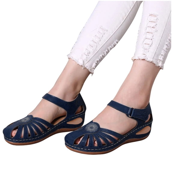 Juebong Sandals clearance Closed Toe Sandals for Women Casual Summer 2024 Hollow Out Vintage Beach Wedge Leather Sandal Gladiator Outdoor Orthopedic Shoe