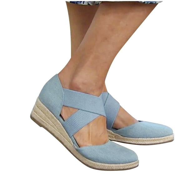 Juebong Sandals clearance Espadrilles Wedge Sandal Women Girls Dresssy 2024 Elastic Ankle Strap Espadrilles Wedge Sandals Closed Toe Platform Casual Sandals Shoes