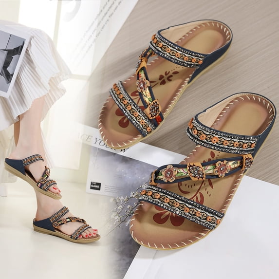 Juebong Sandals clearance Flat Sandals for Women Dressy Summer Cute Gladiator Slip on Sandal Comfortable Orthopedic T-strap Sandals Ladies Casual Ankle Elastic Bohemian Beach Shoes