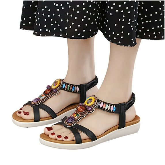 Juebong Sandals clearance Flat Sandals for Women Dressy Summer Cute Gladiator Slip on Sandal Comfortable Orthopedic T-strap Sandals Ladies Casual Ankle Elastic Bohemian Beach Shoes