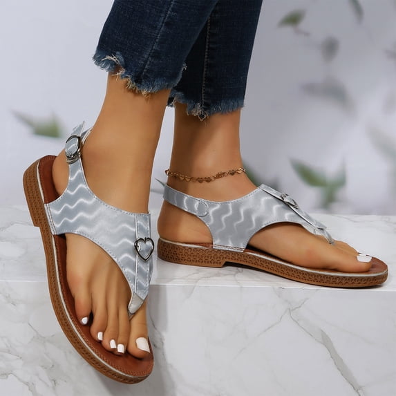 Juebong Sandals clearance Flat Thong Sandals for Women Casual T-Strap Dress Ankle Buckle Comfortable Bohemian Flat Shoes for Women Adjustable Strappy Sandals Dressy Summer Shoes Outdoor