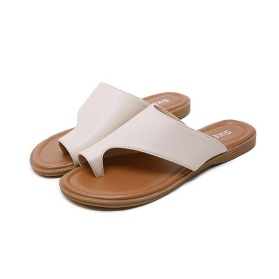 Juebong Sandals PU Leather Flat Sandals for Womens Comfy Orthopedic Bunion Corrector Sandal Casual Soft Ring Toe Retro Bohemian Thong Beach Shoes