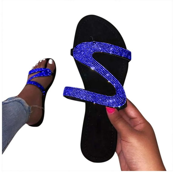 Juebong Sandals Rhinestone Slide Sandals Women Girls Dressy Low Wedge Sandal Summer Beach Cute Slip on Slippers Boho Glitter Open Toe Flat Sandals