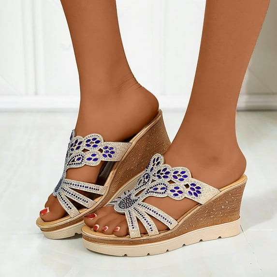 Summer Orthotic Sandals for Womens Rhinestones Wedge Sandals with Arch Support Beach Comfortable Platform Bohemia Flat Shoes Casual Outdoor Sandal