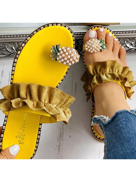 Women Summer Slides Sandals Slip On Pineapple Toe Ring Flat Sandals Gladiator Fashion Flip Flop Boho Casual Slippers Beach Shoes