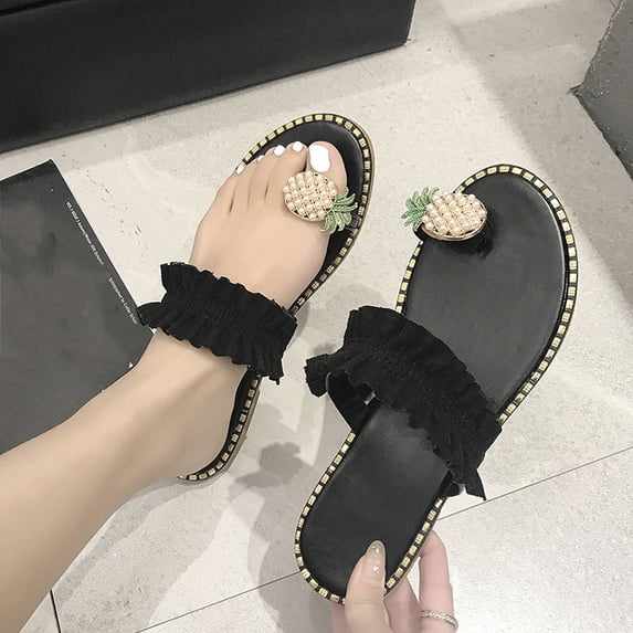 Women Summer Slides Sandals Slip On Pineapple Toe Ring Flat Sandals Gladiator Fashion Flip Flop Boho Casual Slippers Beach Shoes