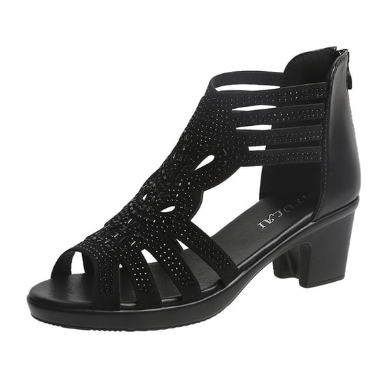 Juebong Sandals clearance Women's Open Toe Ankle Strap Low Block Chunky Heels Sandals Party Dress Rhinestone Hollow Pumps Shoes