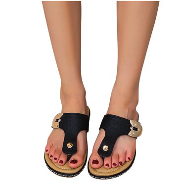 TUOBARR Sandals Women Flip Flops, Women's Slip On Flip Flops Toe Ring Slides Comfort Flat Summer Sandals Rose Gold