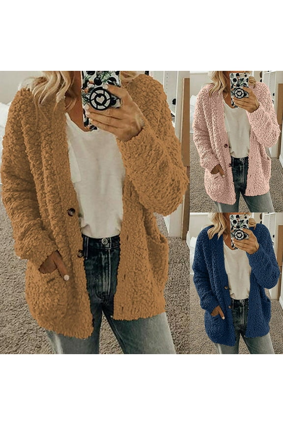 Sherpa Jacket Womens Trendy Fleece Fuzzy Warm Teddy Cozy Cardigan Sweaters with Pockets Casual Soft Winter Coats Blue,L