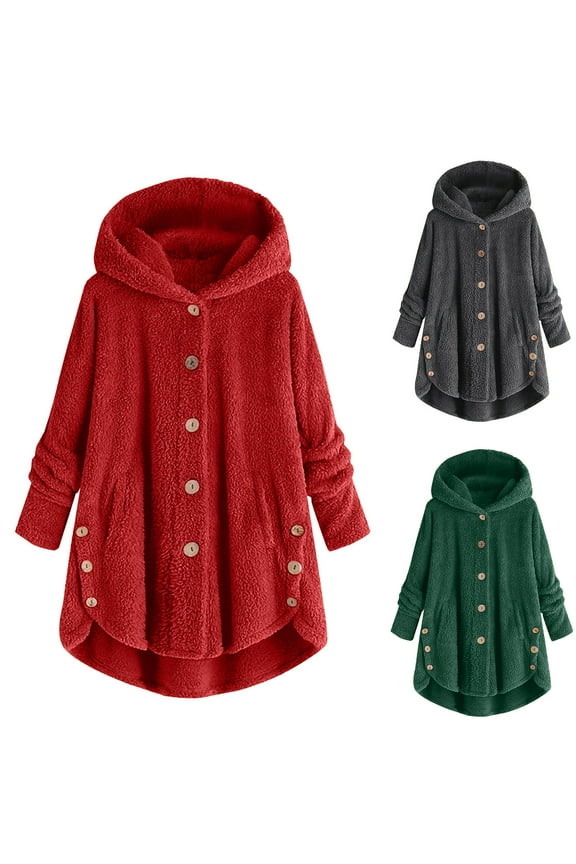 Sherpa Jackets for Women Plus Size Fuzzy Fleece Thermal Warm Coat Cozy Button Hooded Jacket 2025 Trendy Outerwear Gray,S