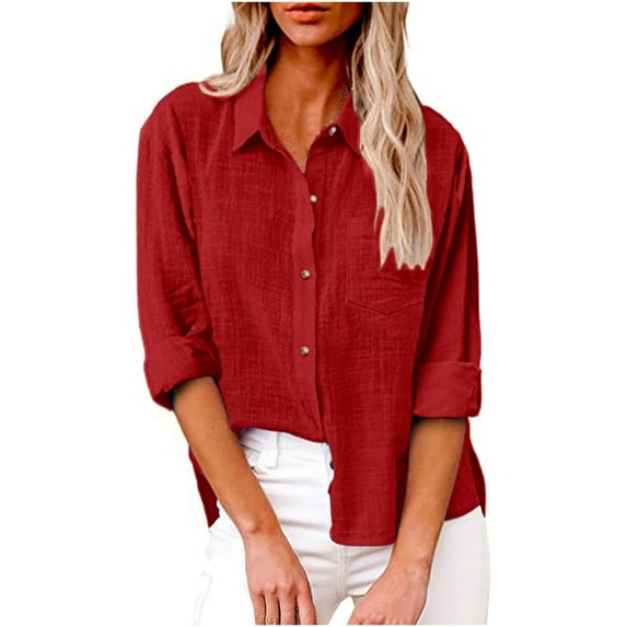 Juebong Long Sleeve V Neck Roll Up Sleeve Linen Shirts for Women Trendy Button Down Tunic Blouses Tops