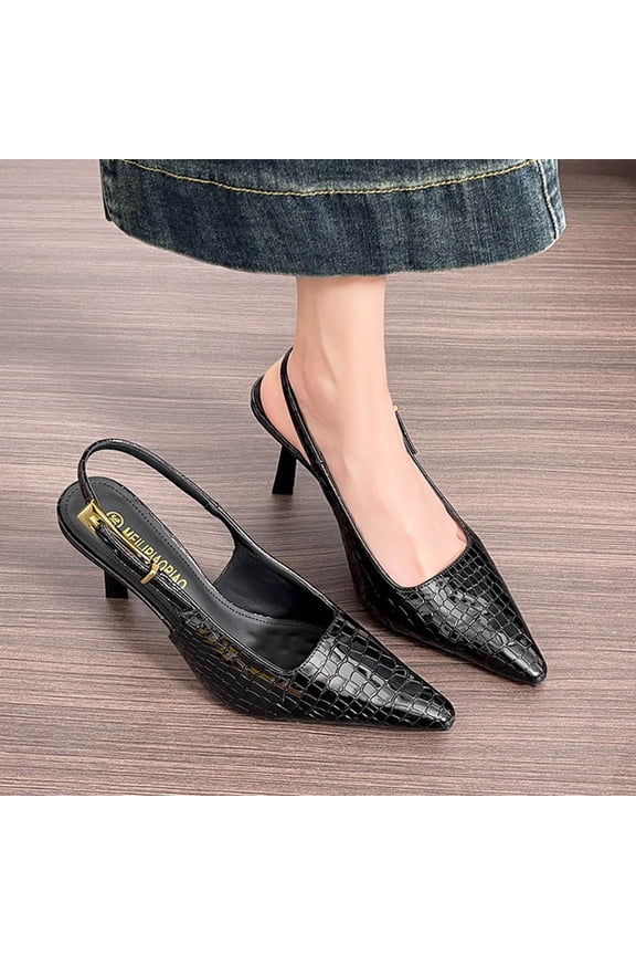 Slingback Heels for Women - Closed Toe Crocodile-Pattern Pumps, Pointed Toe Patent Thin High Heeled Sandals Ladies Black,36