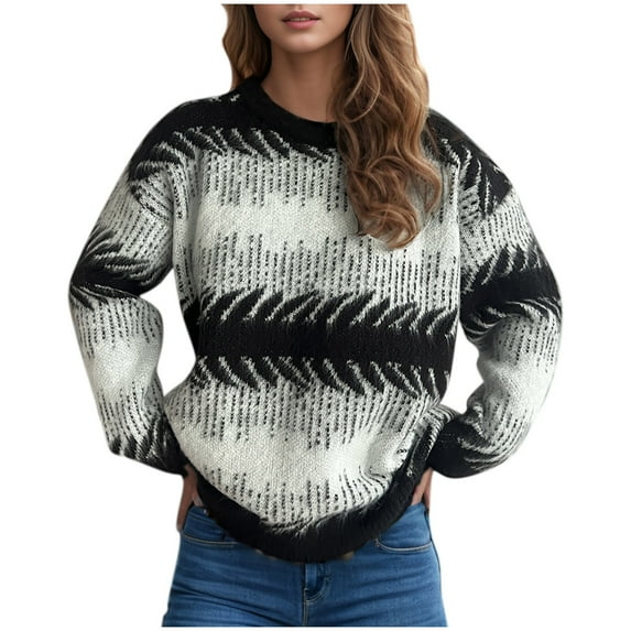 Juebong Stripe Pullover Sweaters for Women Trendy Crew Neck Long Sleeve Fall Sweaters Solid Sweater 2025
