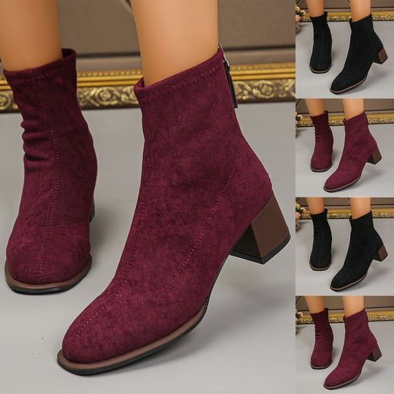 Juebong Suede Ankle Boots for Women Vintage Double Buckle Side Zipper Pointed Toe Square Chunky High-heeled Short Booties Wine,38