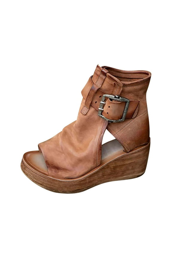 Summer Fashion Knee High Wedge Sandals Thick Soled Platform Combat Boots Fish Mouth Roman Sandals,Brown Size 8