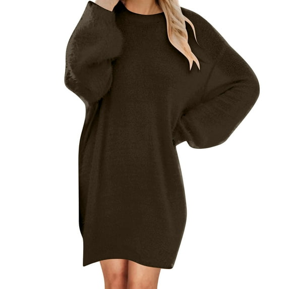 Juebong Sweater Dress for Women Trendy Furry Knit Dresses Long Sleeve Crewneck Oversized Midi Pullover Comfy Plus Size Top