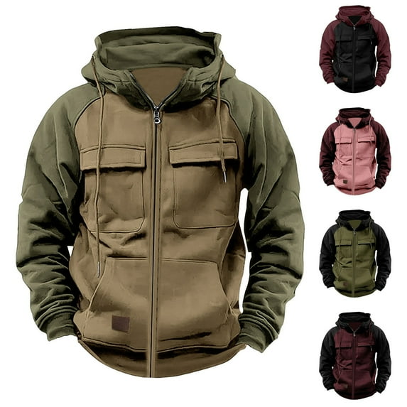 Juebong Tactical Hoodies for Men Full Zip Long Sleeve Cargo Sweatshirts Vintage Color Block Fleece Hoodie with Multi-Pockets Khaki,XL