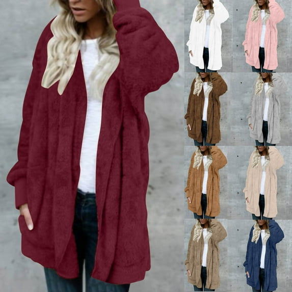 Juebong Teddy Jacket for Women Open Front Cardigan Warm Faux Fur Jacket with Hood Ladies Winter Fuzzy Fleece Coat with Pockets Coffee,XXL