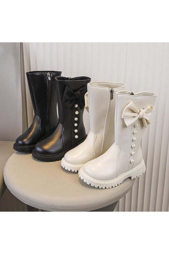 Toddler Girl Boots Bow Knot Side Zipper Shoes Kids Mid Calf Length Riding Boot Black,31